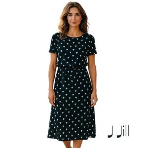J Jill Black White Short Sleeves Midi Dress NWOT Size M
